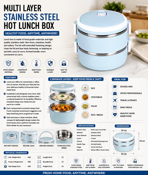 Multi-Layer Stainless Steel Hot Lunch Box – Insulated Leakproof Tiffin with Secure Lid & Handle for School, Office & Travel