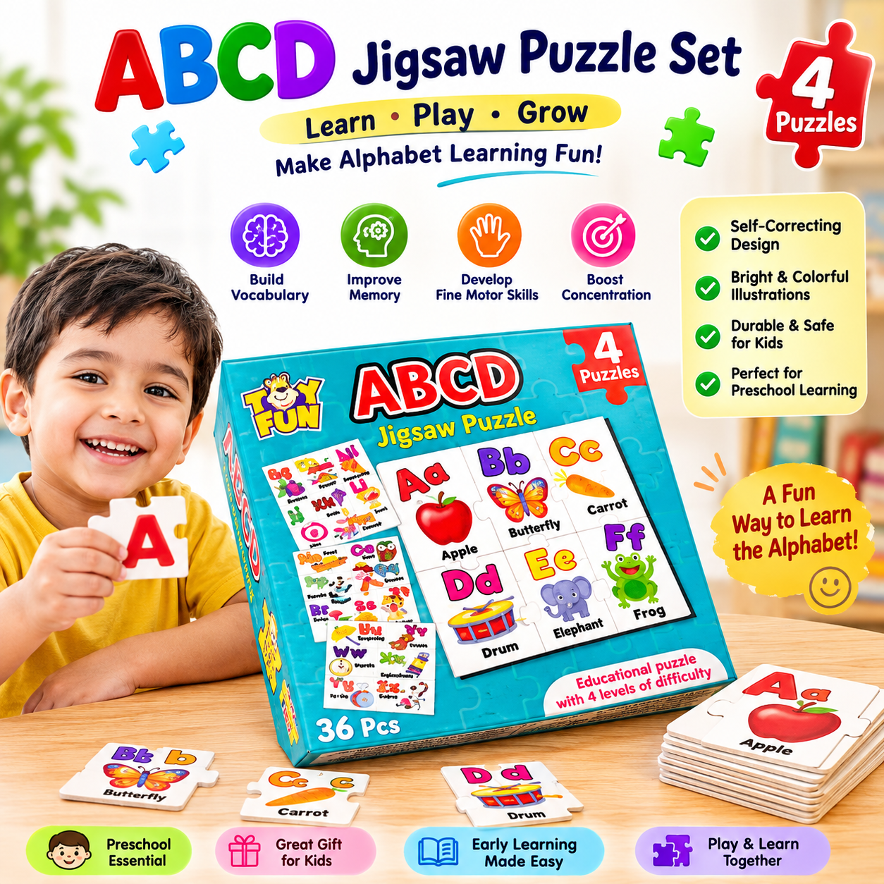 ABC Learning Jigsaw Puzzle Set for Kids, 4-Pack - product photo 7