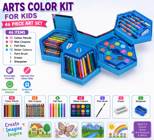 46 Pc Kids Art & Colour Set | Pencils, Crayons & Water Colours