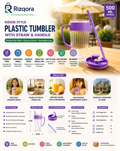 Kids Plastic Tumbler with Straw & Handle – 500 ML Approx Reusable Drinking Cup for Water & Juice | Child-Friendly Daily Use Tumbler