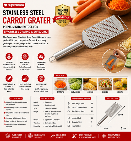 Supermom Stainless Steel Carrot Grater – Handheld Fine Vegetable Grater & Shredder for Carrot, Cucumber, Cheese & More (1 Pc)