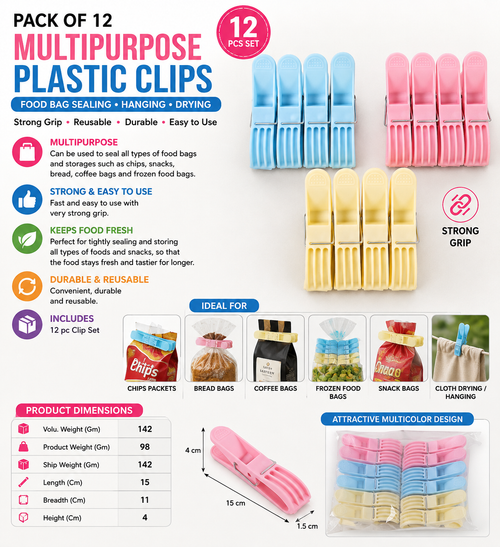 Pack of 12 Multipurpose Plastic Clips – Reusable Food Bag Sealing & Storage Clips | Multicolour