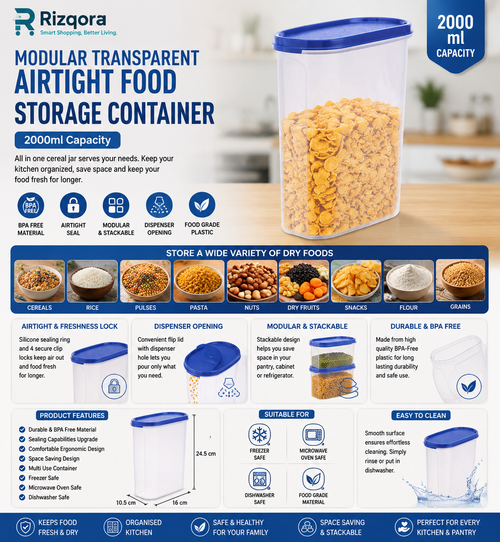 Modular Transparent Airtight Food Storage Container 2000ml – BPA-Free Cereal Dispenser Jar with 4 Clip Locks, Flip Lid & Pouring Spout