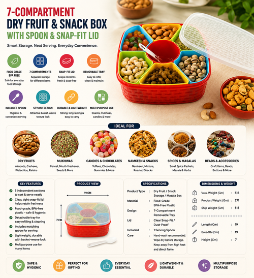 Premium 7-Compartment Dry Fruit & Snack Box with Spoon – Food-Grade Plastic Masala Storage Box with Removable Tray & Snap-Fit Lid