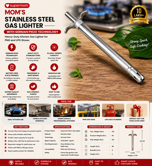 Supermom Mom’s Stainless Steel Gas Lighter with German Piezo Technology – Heavy-Duty Kitchen Lighter for PNG & LPG Stoves