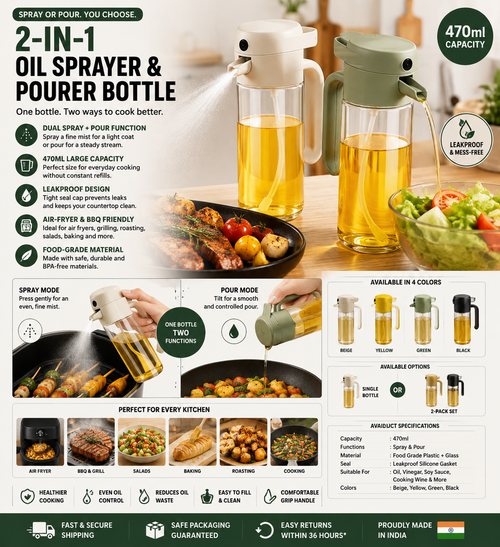 2-in-1 Olive Oil Sprayer & Dispenser Bottle – 470ml | RIZQORA