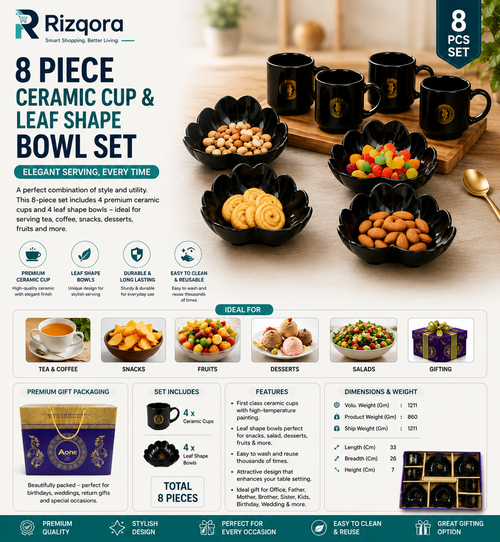 8-Piece Ceramic Cup & Leaf-Shaped Serving Bowl Set – 4 Tea/Coffee Cups with 4 Snack Bowls for Breakfast, Dessert & Home Dining