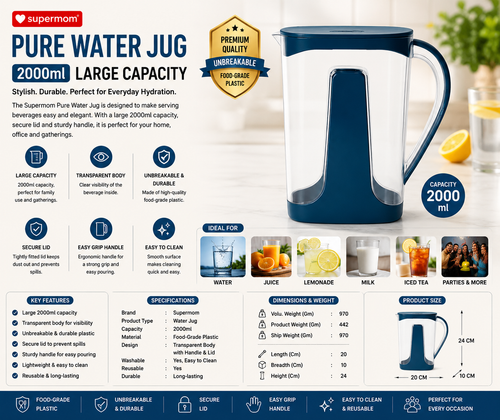 Supermom Pure Water Jug 2000ml – Large Transparent Unbreakable Plastic Jug with Lid & Easy-Grip Handle (1 Pc)