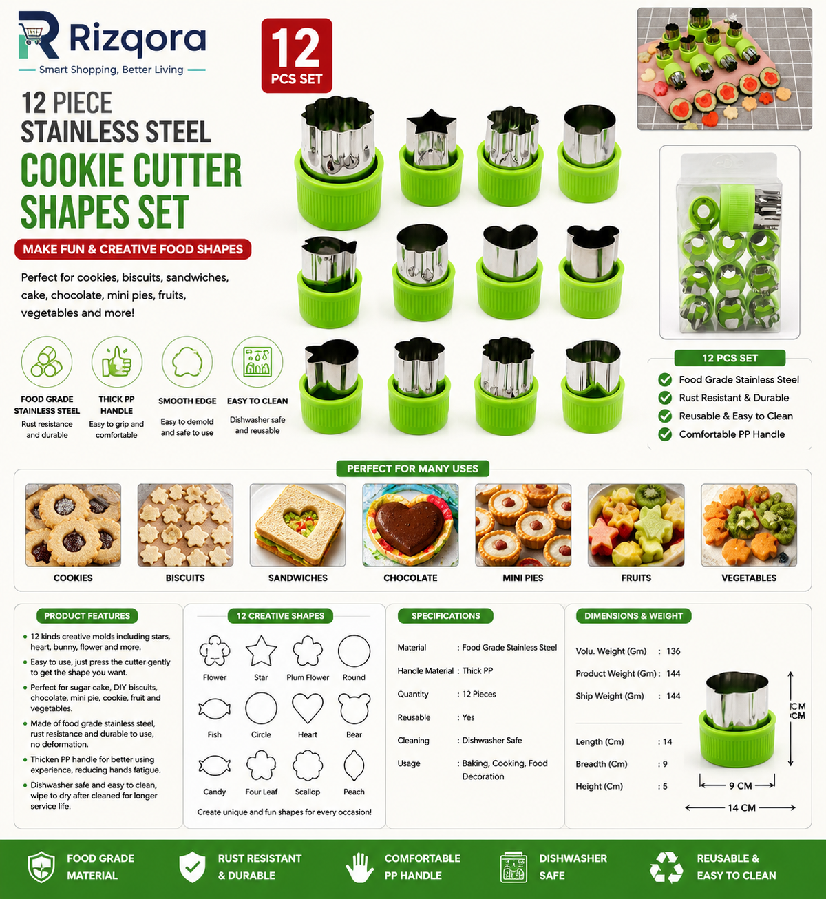 12-Piece Stainless Steel Cookie Cutter Set with PP Handles – Assorted Shapes for Cookies, Biscuits, Sandwiches, Cake...