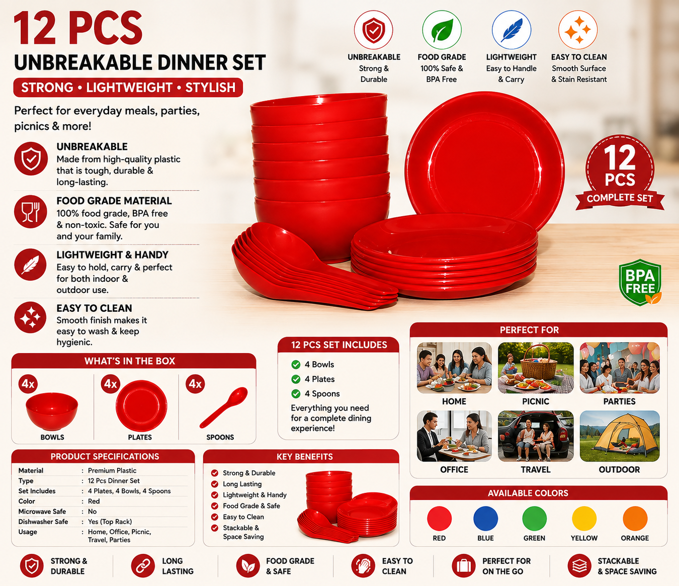 RIZQORA 18-piece BPA-free dinnerware set packaging