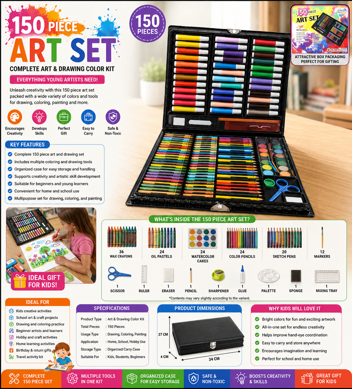 150 Pc Kids Art & Drawing Color Kit | Coloring & Painting Set