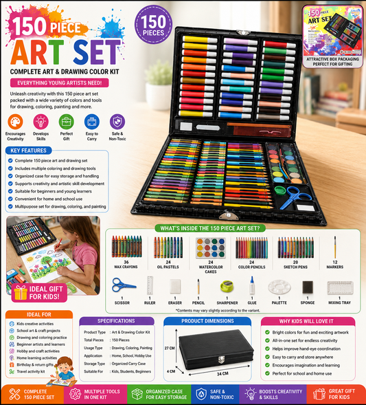 150 Pc Kids Art & Drawing Color Kit | Coloring & Painting Set