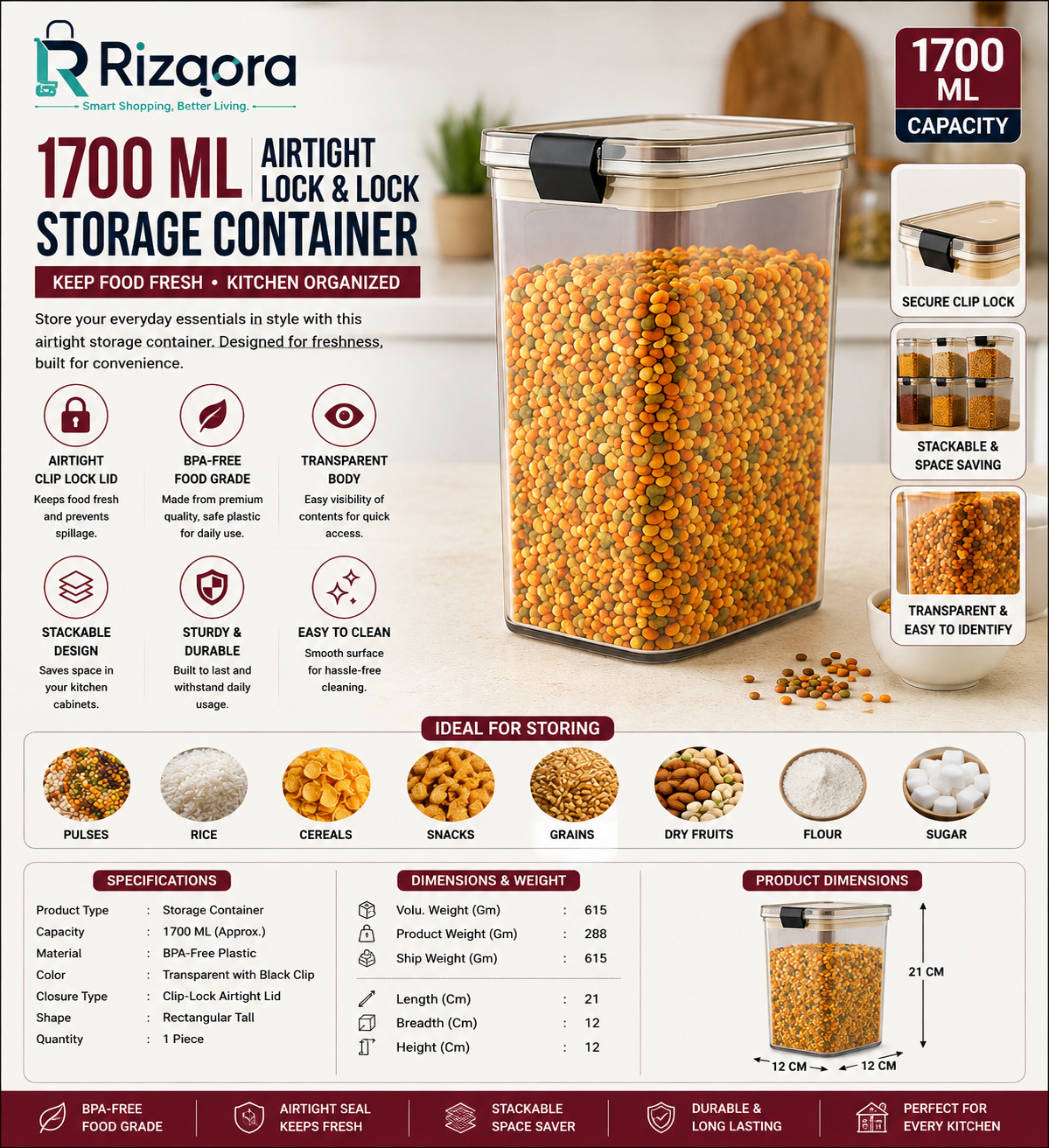 1700 ML Airtight Kitchen Storage Container with Clip-Lock Lid – BPA-Free Food Grade Plastic Jar for Rice, Pulses,...