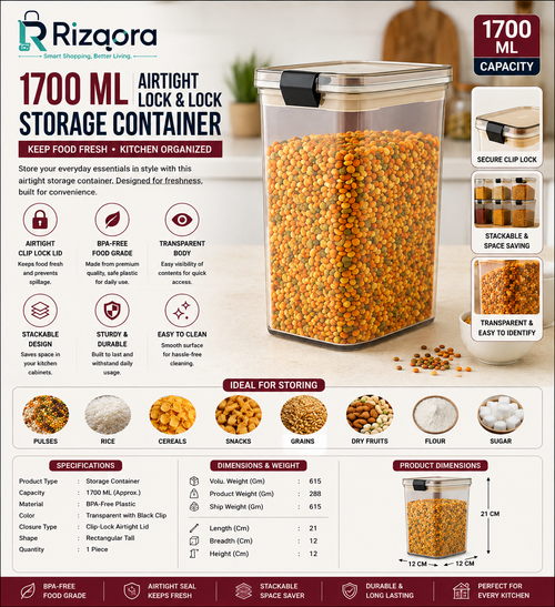1700 ML Airtight Kitchen Storage Container with Clip-Lock Lid – BPA-Free Food Grade Plastic Jar for Rice, Pulses, Cereals, Snacks & Dry Food Storage (1 Pc)