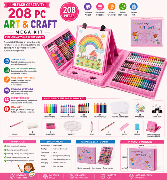 208 Pc Kids Art & Craft Kit | Drawing & Coloring Set