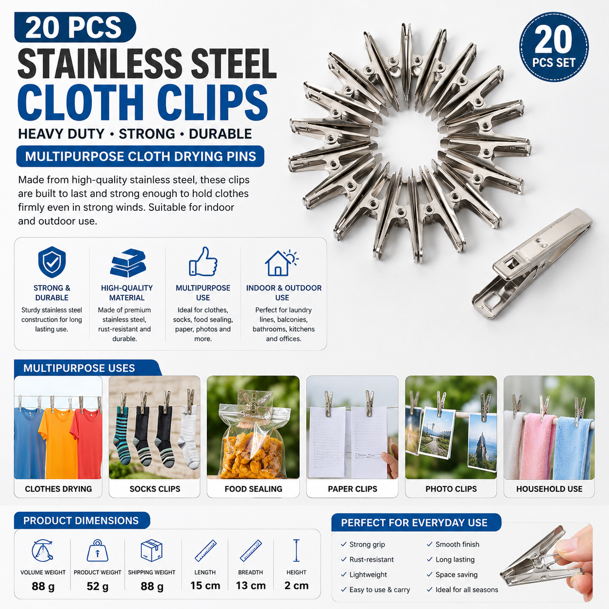 20 Pcs Stainless Steel Cloth Clips – Heavy Duty Multipurpose Clothes Drying Pins for Laundry, Socks & Home Use