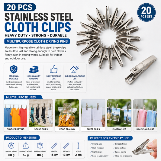 20 Pcs Stainless Steel Cloth Clips – Heavy Duty Multipurpose Clothes Drying Pins for Laundry, Socks & Home Use