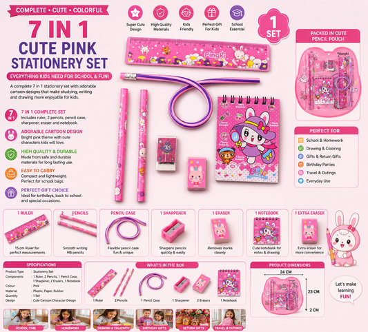 7-in-1 Cute Pink Kids Stationery Set | School Supplies