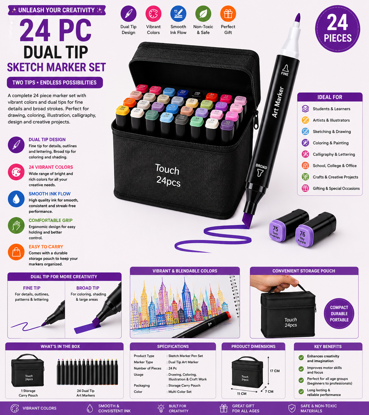 24 Pc Dual-Tip Sketch Markers | Fine & Broad Art Pens