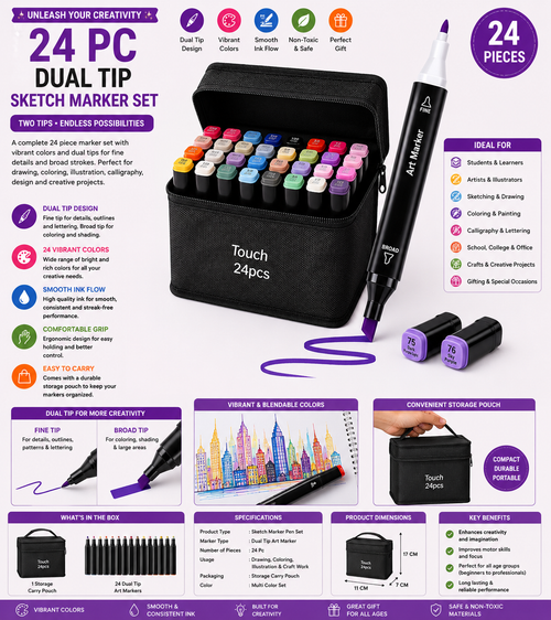 24 Pc Dual-Tip Sketch Markers | Fine & Broad Art Pens | Rizqora
