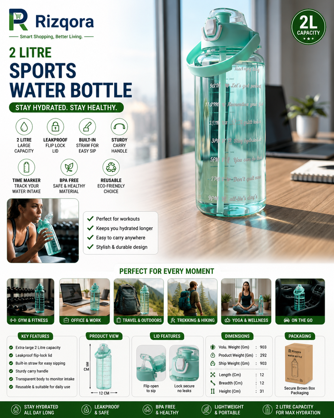 2 Litre Sports Water Bottle with Straw & Flip Lock Lid – Large Capacity Leakproof Reusable Hydration Bottle with...