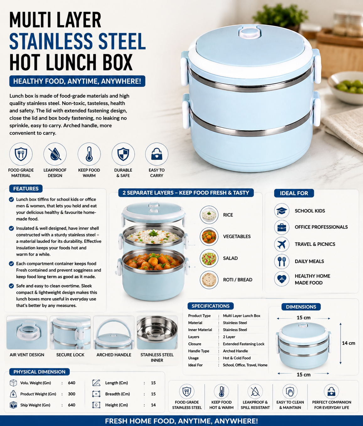 Multi-Layer Stainless Steel Hot Lunch Box – Insulated Leakproof Tiffin with Secure Lid & Handle for School, Office &...