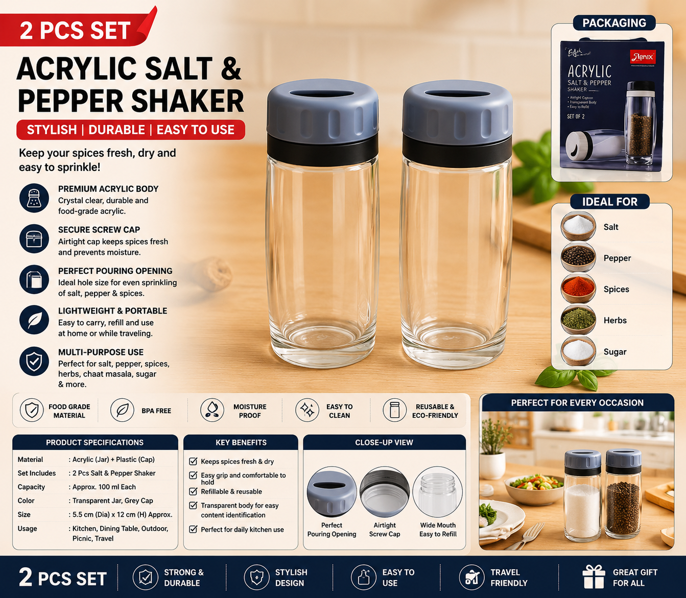 RIZQORA acrylic salt and pepper shaker set clear body