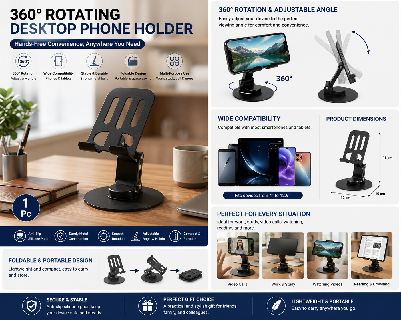 360° Rotating Metal Foldable Mobile Stand | Adjustable Phone & Tablet Holder