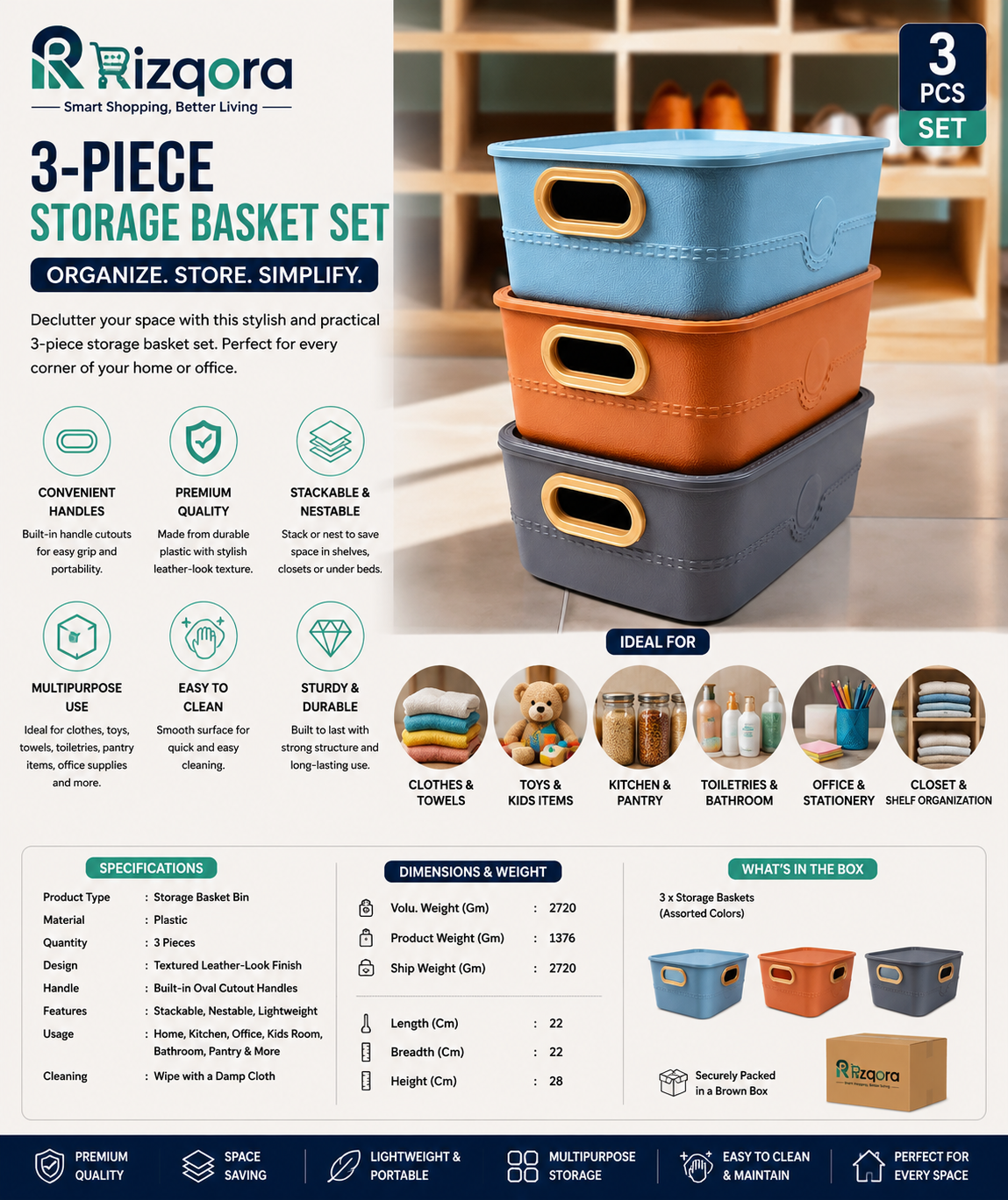 3-Piece Multipurpose Plastic Storage Basket Set with Handle Cutouts – Stackable Organizer Bins for Clothes, Toys,...