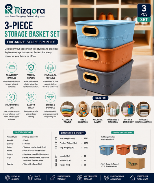 3-Piece Multipurpose Plastic Storage Basket Set with Handle Cutouts – Stackable Organizer Bins for Clothes, Toys,...