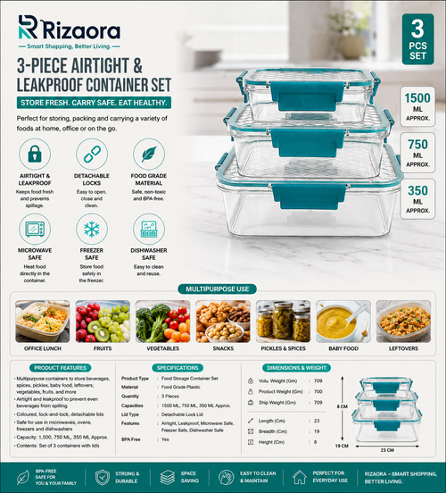 3-Piece Airtight & Leakproof Food Storage Container Set – 1500ML, 750ML & 350ML Multipurpose Kitchen & Lunch Boxes