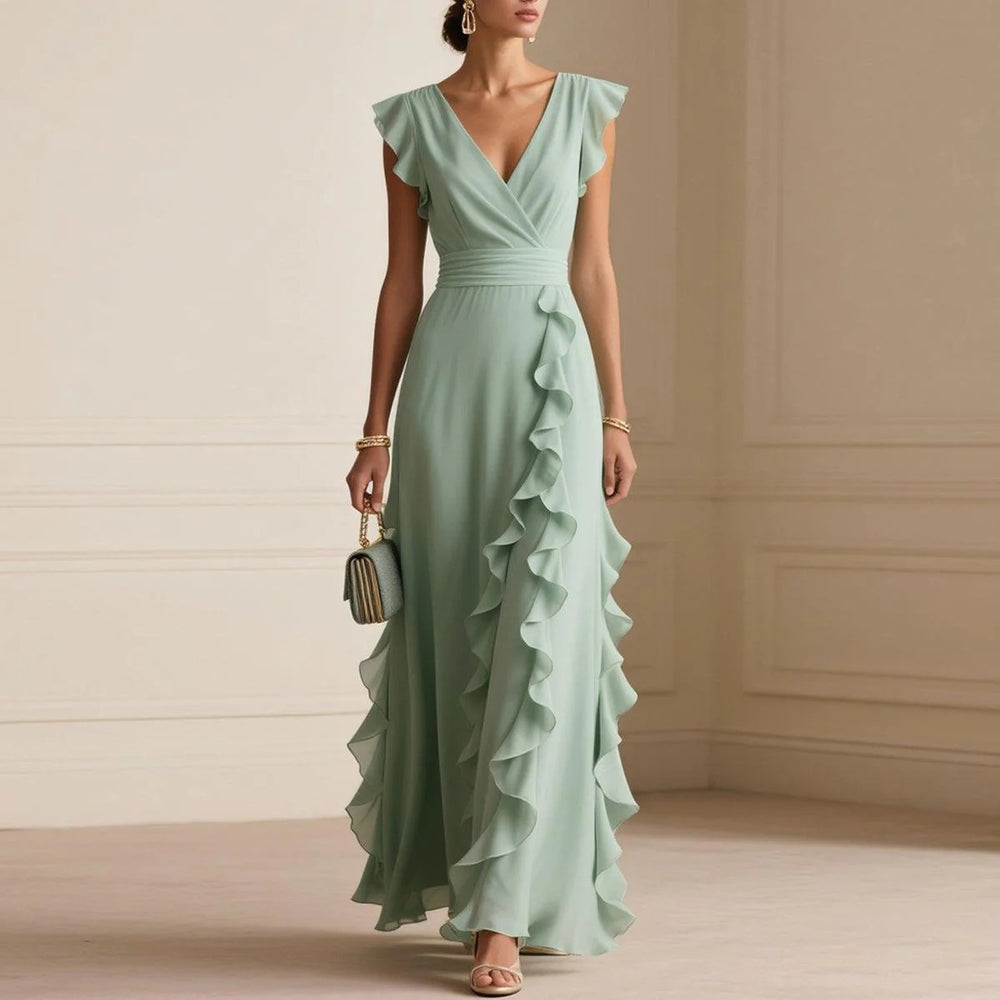 Ruffle-Sleeve Bohemian V-Neck Maxi Dress for Women – RIZQORA
