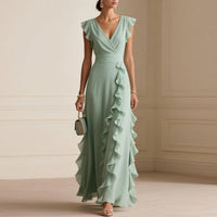 RIZQORA green ruffle-sleeve bohemian V-neck maxi dress