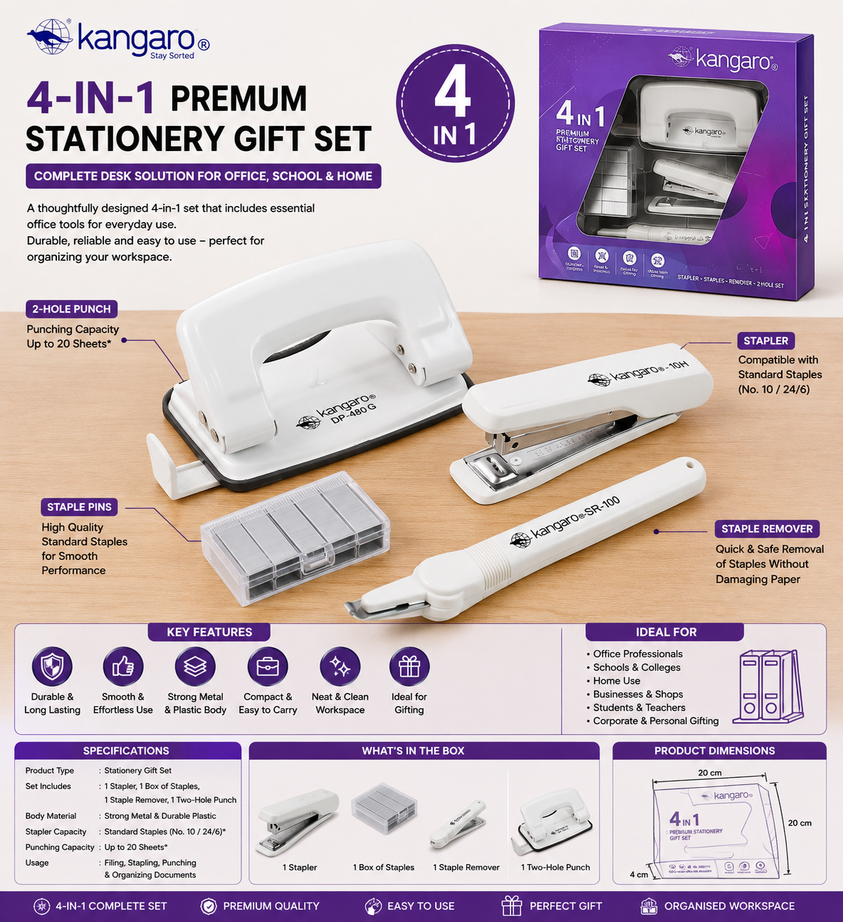 Kangaro 4-in-1 Stationery Set | Stapler, Punch & Remover
