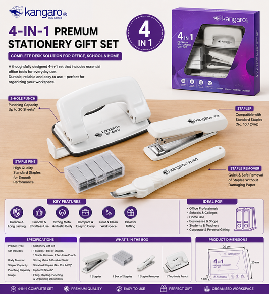 Kangaro 4-in-1 Stationery Set | Stapler, Punch & Remover