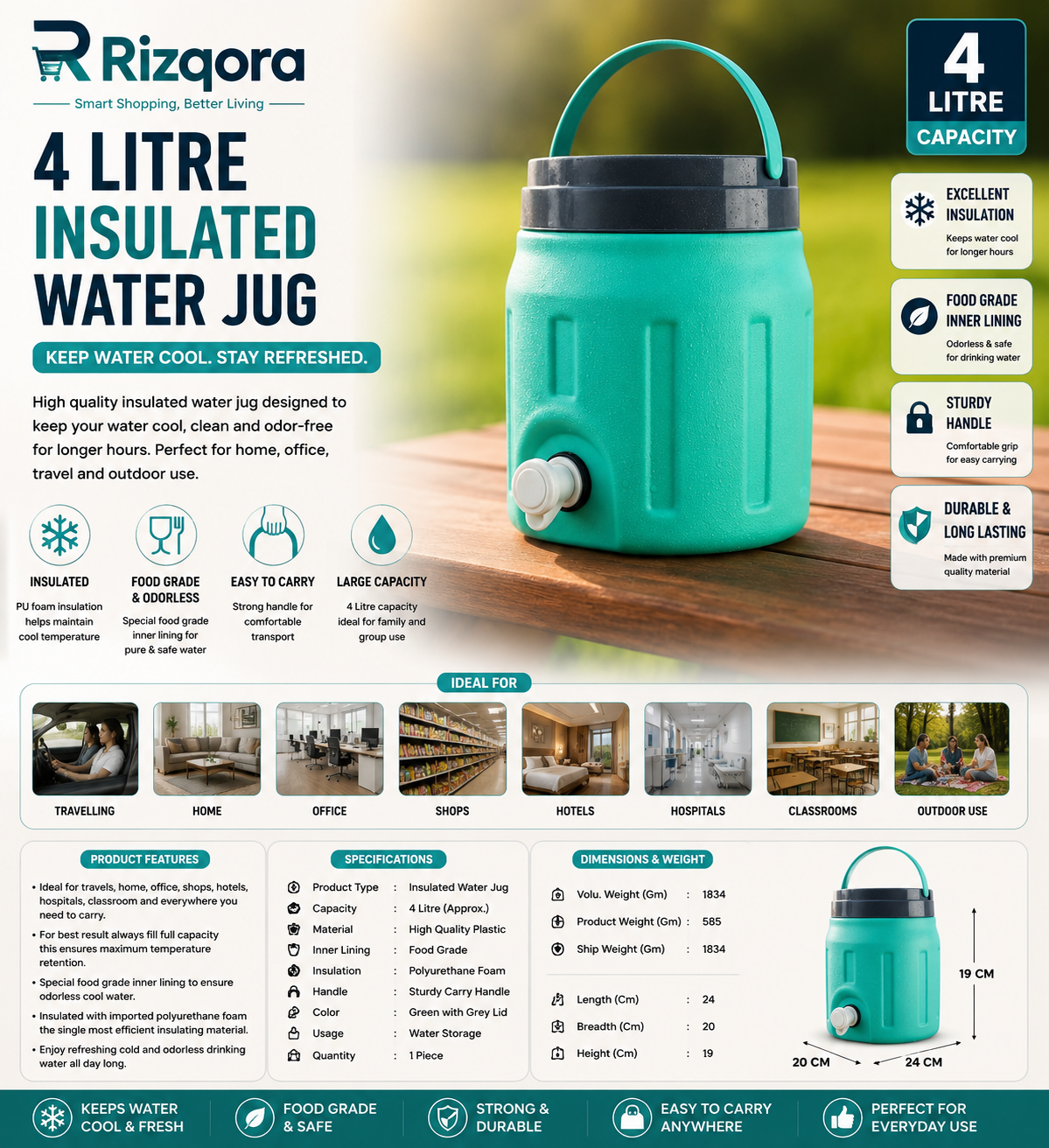 4 Litre Insulated Water Jug with Sturdy Handle – Large Capacity Cool Water Storage Jug for Home, Office, Travel &...