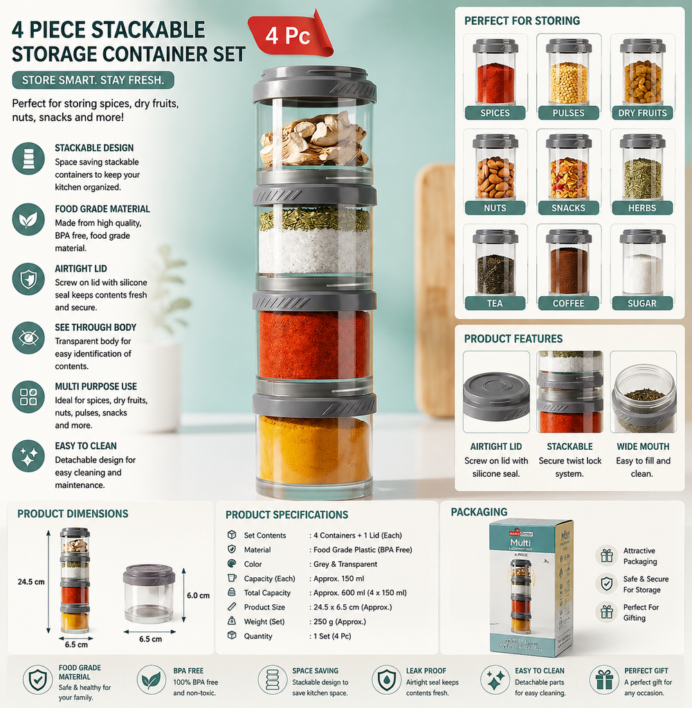 4-Piece Stackable Airtight Storage Container Set | Modular Kitchen Organizer Jars