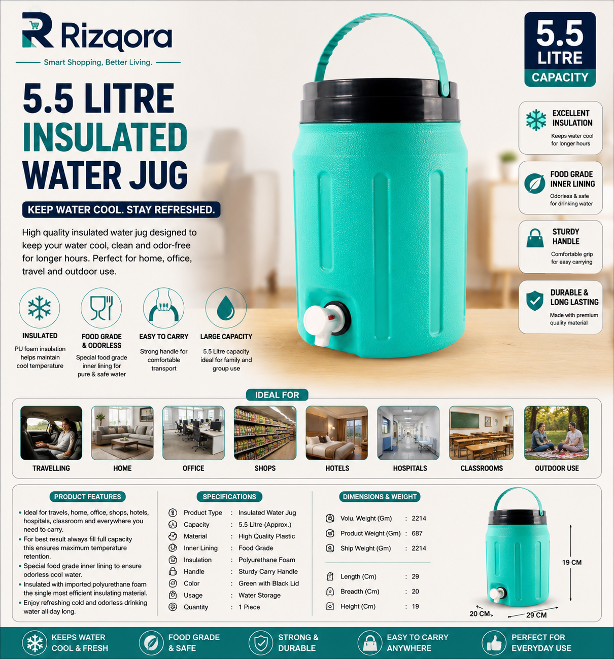 5.5 Litre Insulated Water Jug with Tap & Carry Handle – Large Capacity Cool Water Storage Jug for Home, Office,...