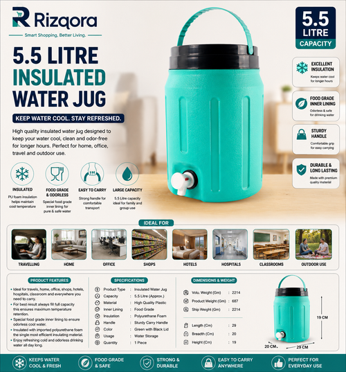 5.5 Litre Insulated Water Jug with Tap & Carry Handle – Large Capacity Cool Water Storage Jug for Home, Office, Travel & Outdoor Use