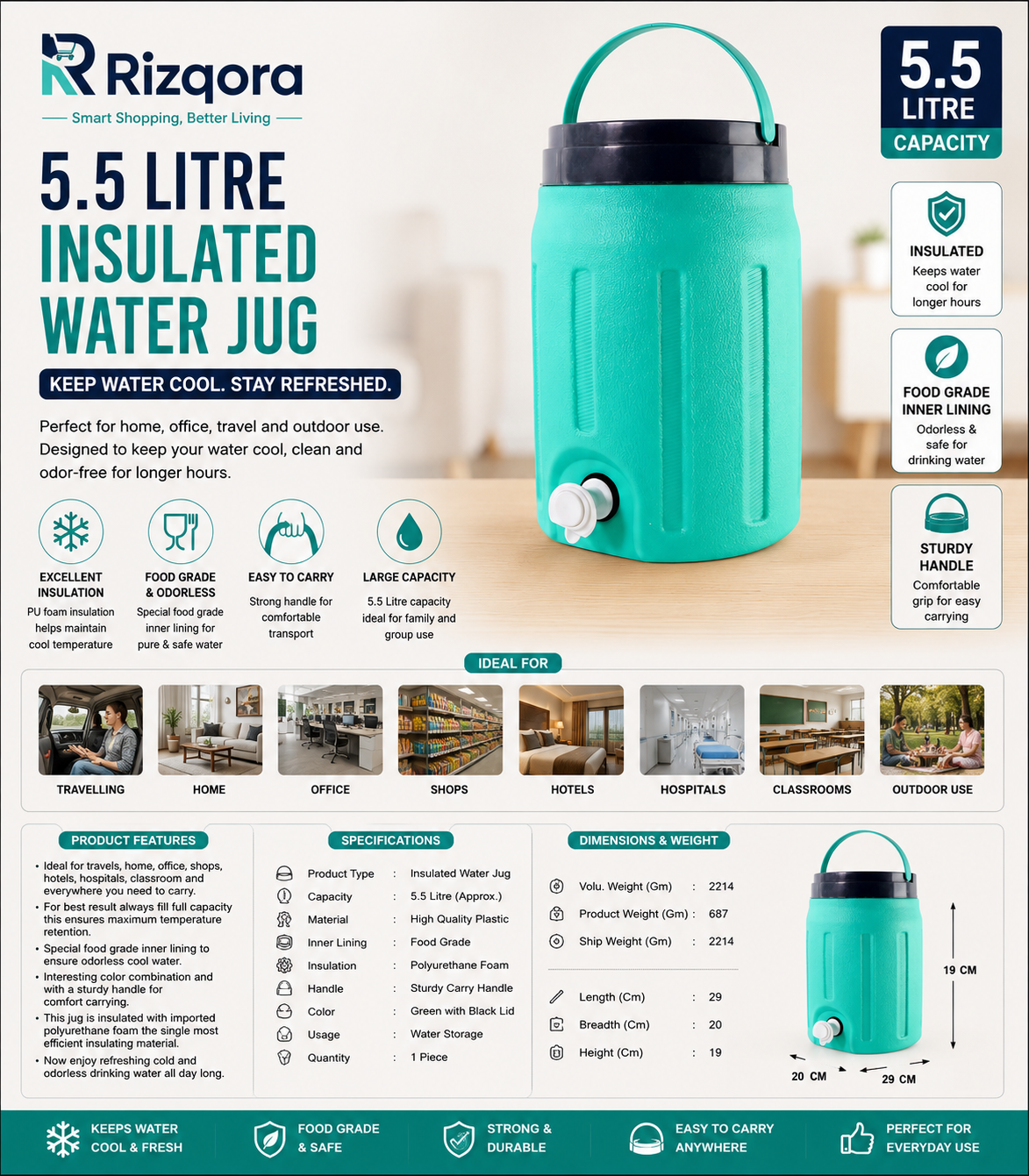 5.5 Litre Insulated Water Jug with Sturdy Handle – Cool Water Storage Container for Home, Office, Travel, Hotel &...