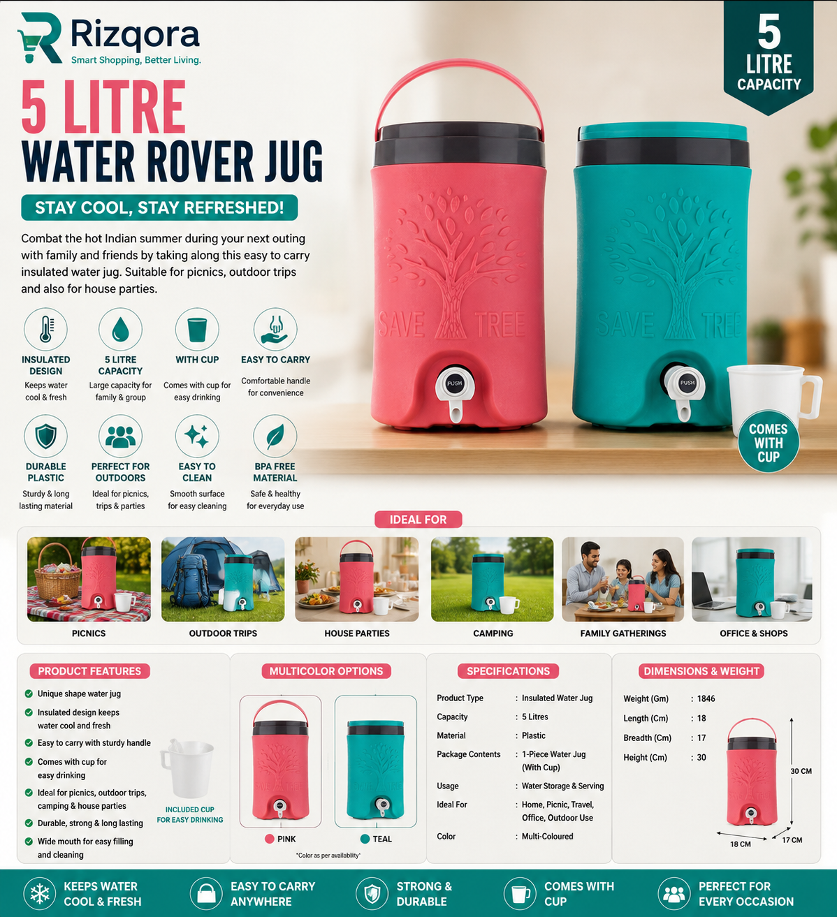5 Litre Insulated Water Rover Jug with Cup – Portable Plastic Water Storage Jug for Travel, Picnic, Outdoor & Home Use