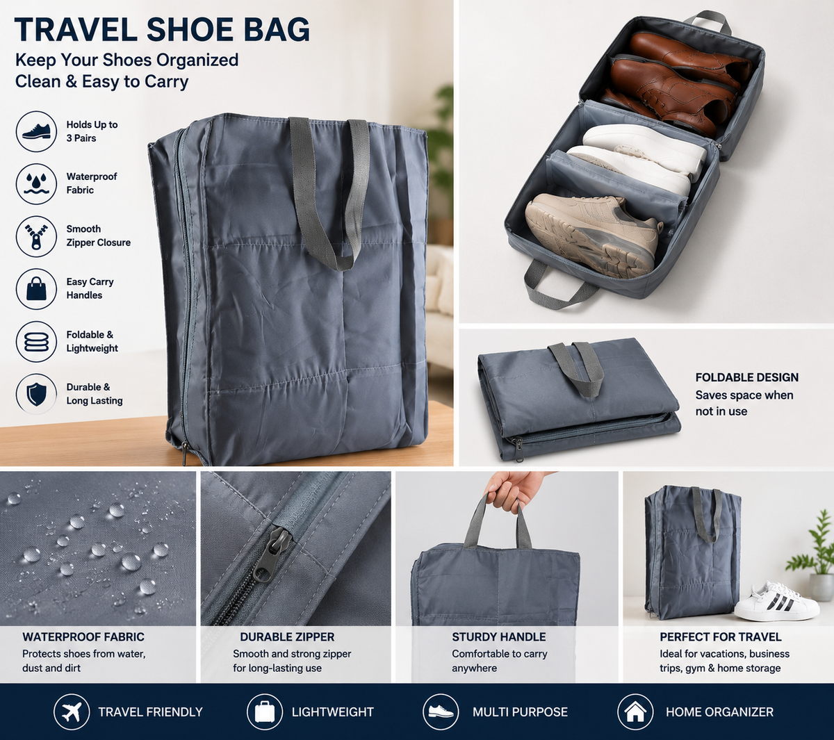 Travel Shoe Storage Bag for 3 Pairs | Waterproof Foldable Shoe Organizer with Handle