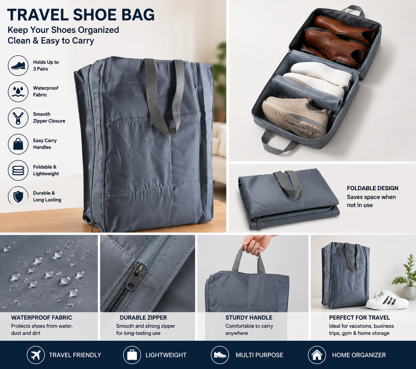 Travel Shoe Storage Bag for 3 Pairs | Waterproof Foldable Shoe Organizer with Handle