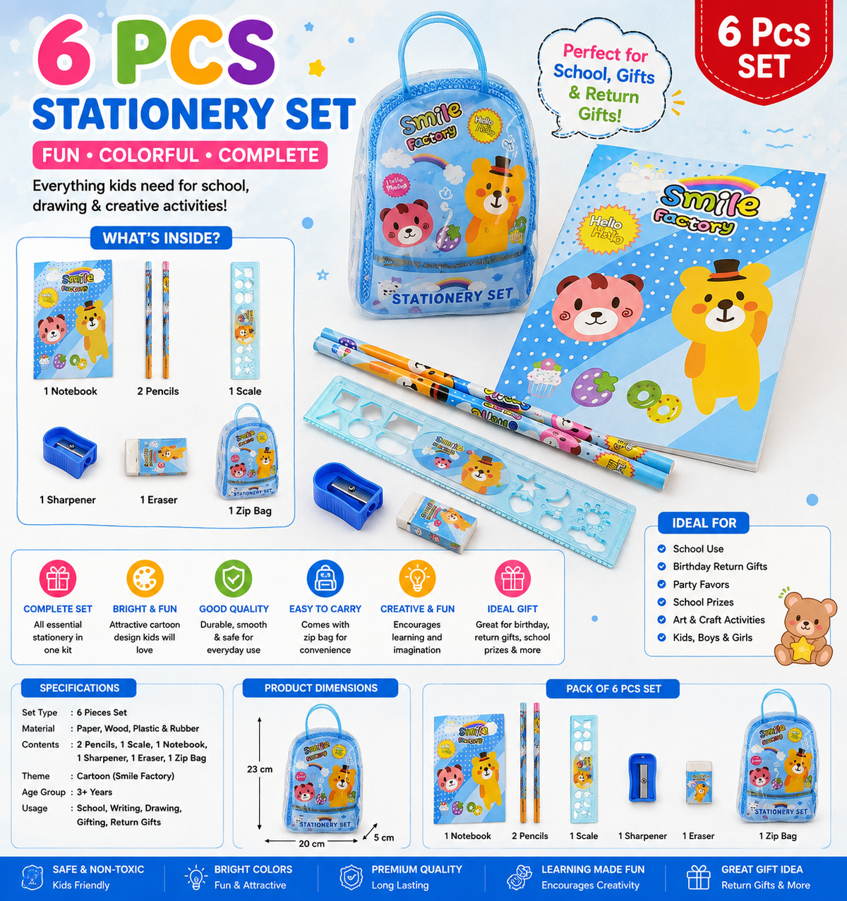 6 Pc Kids Stationery Set with Zip Bag | Birthday Return Gift
