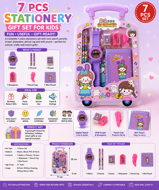 7 Pc Kids Stationery Gift Set with Watch | Return Gift