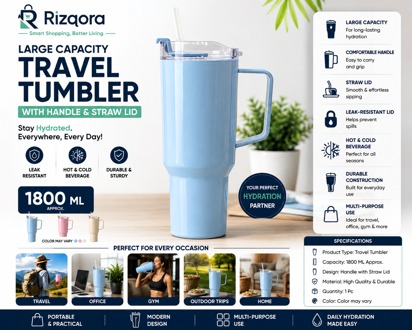 1800 ML Large Capacity Travel Tumbler with Handle & Straw Lid