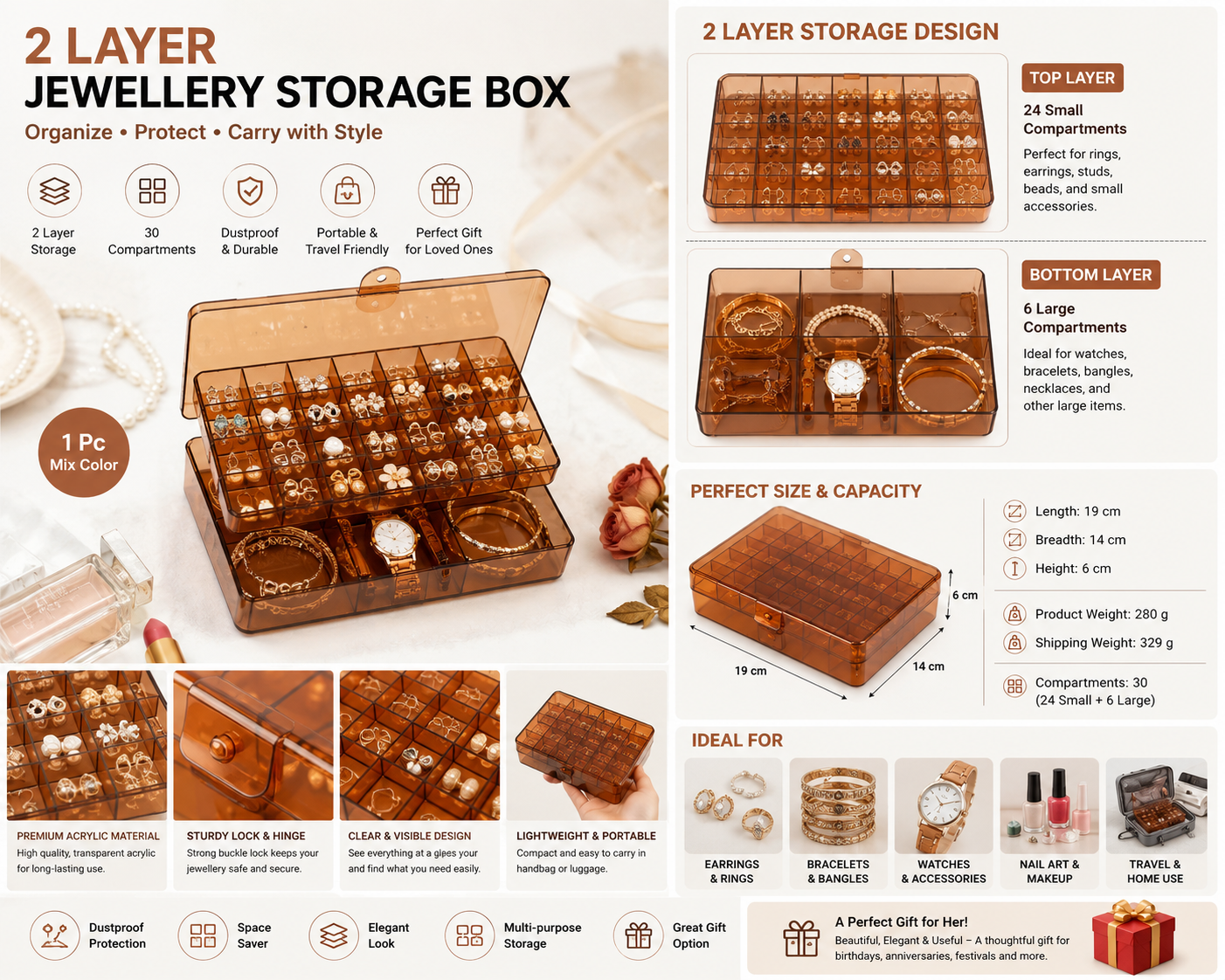 2-Layer Acrylic Jewelry Organizer Box | 30-Compartment Clear Makeup & Accessories Storage Case