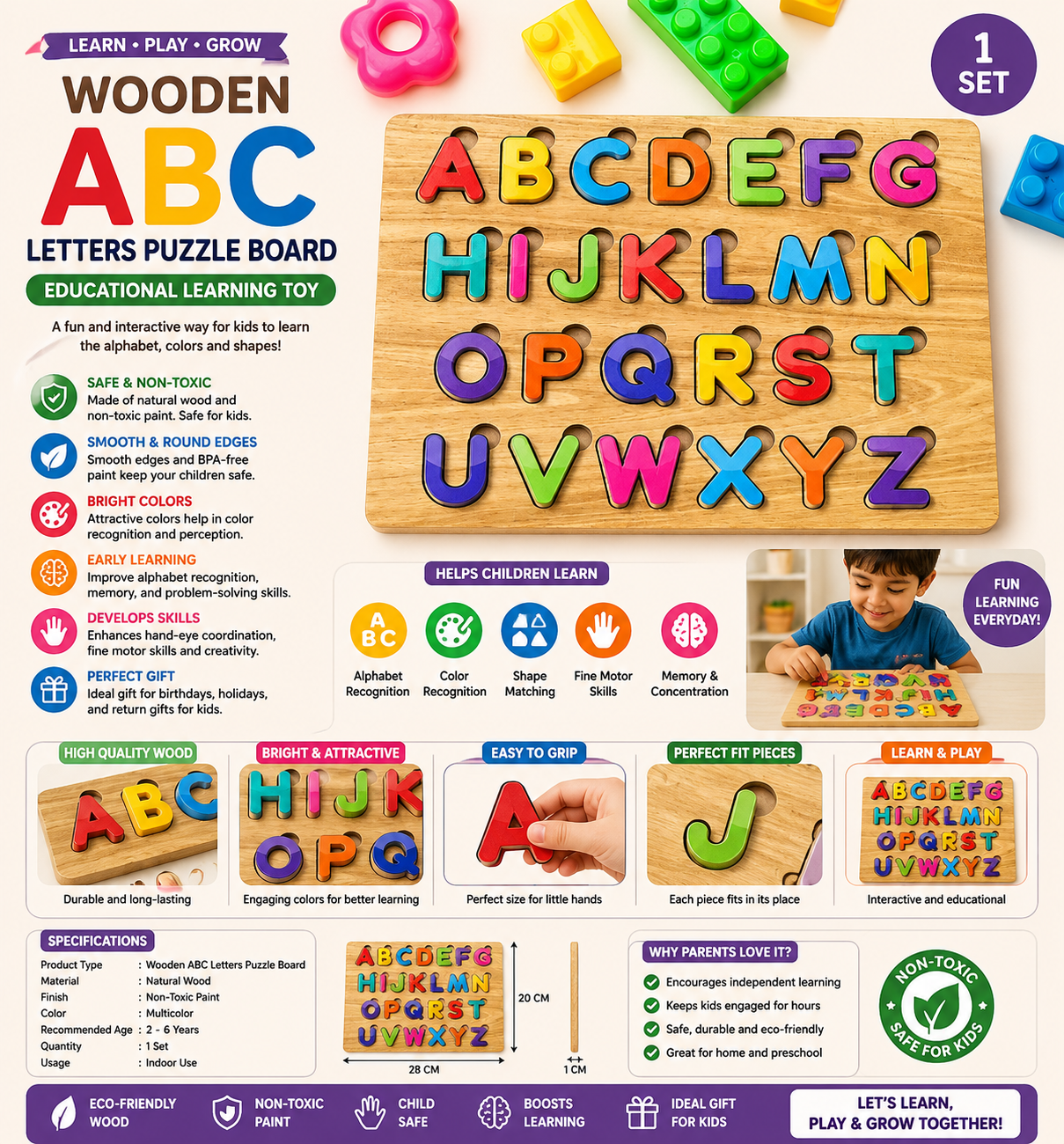 Wooden ABC Alphabet Puzzle Board | Educational Toy for Kids