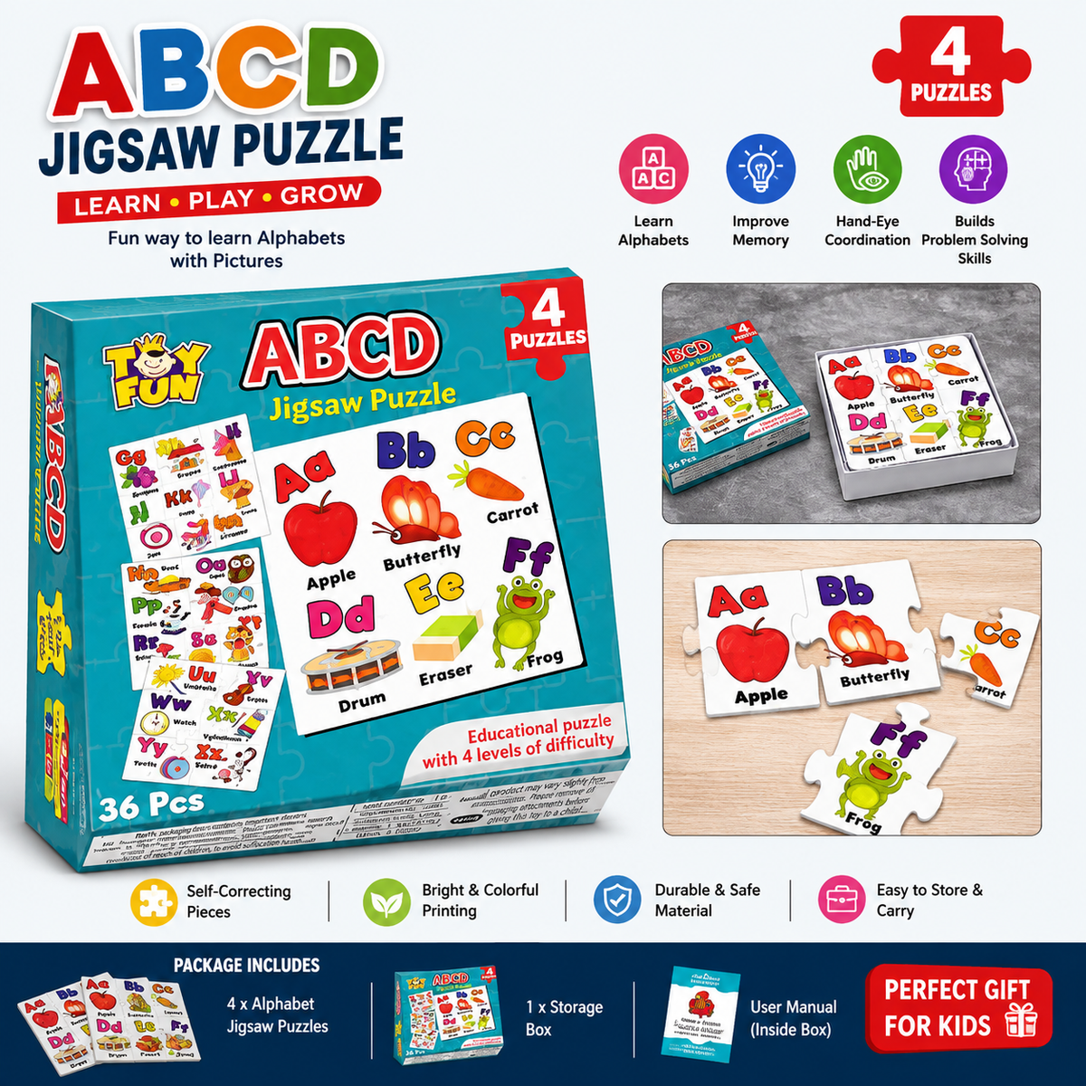 ABC Learning Jigsaw Puzzle Set for Kids, 4-Pack