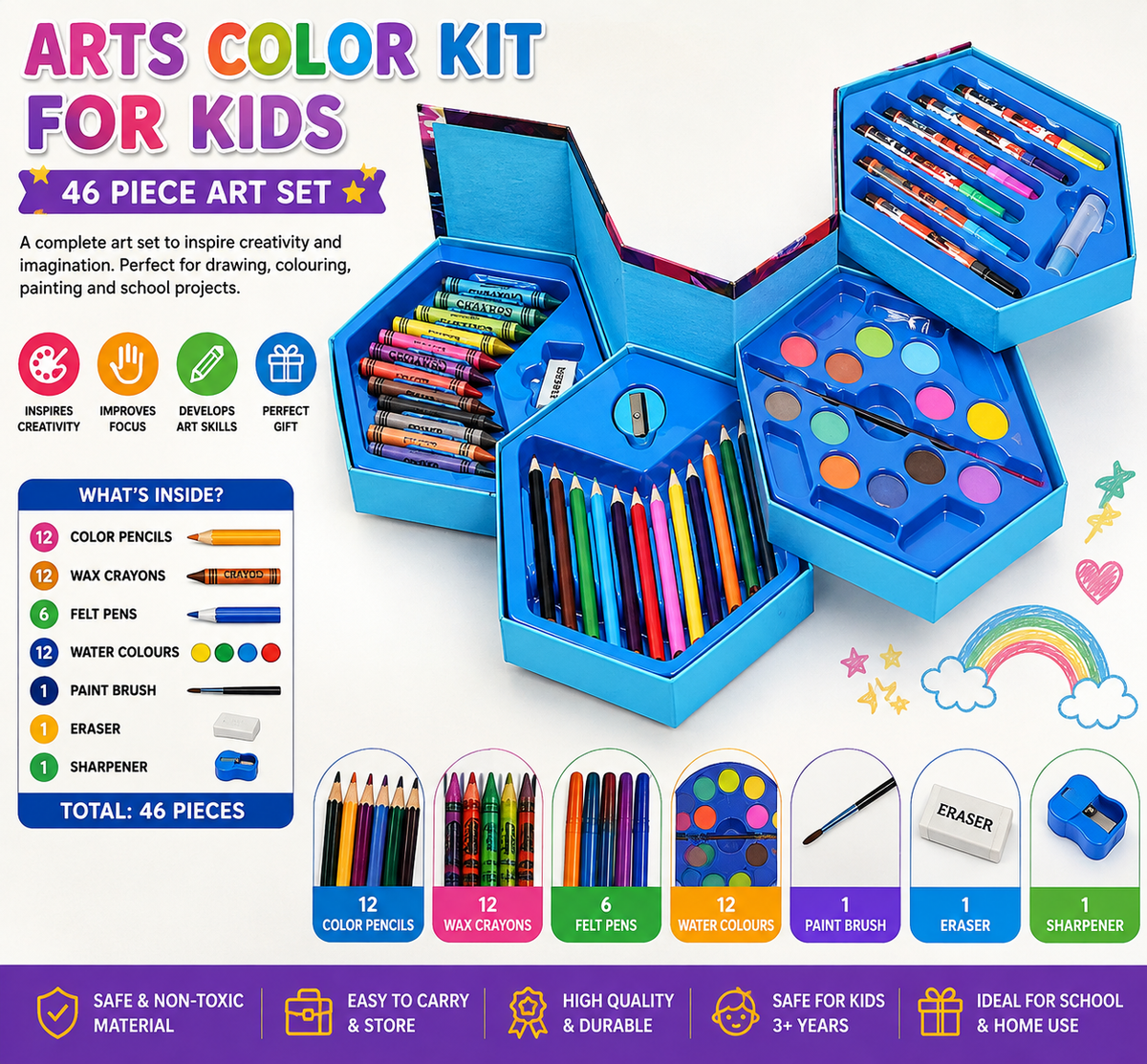 46 Pc Kids Art & Colour Set | Pencils, Crayons & Water Colours - product photo 3